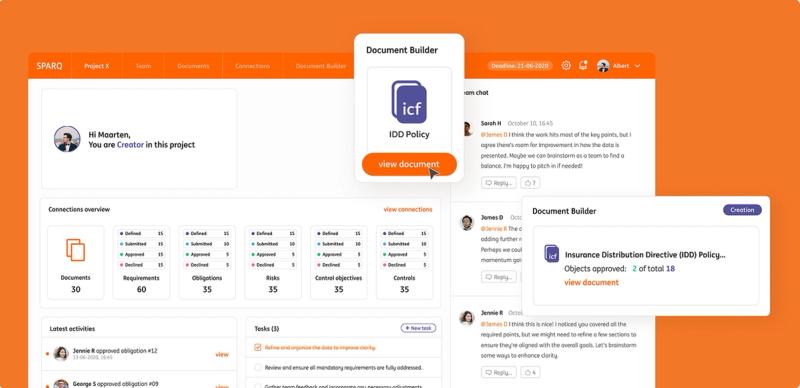 Dashboard showing project overview, connections stats, team chat, and a Document Builder popup for an IDD policy file