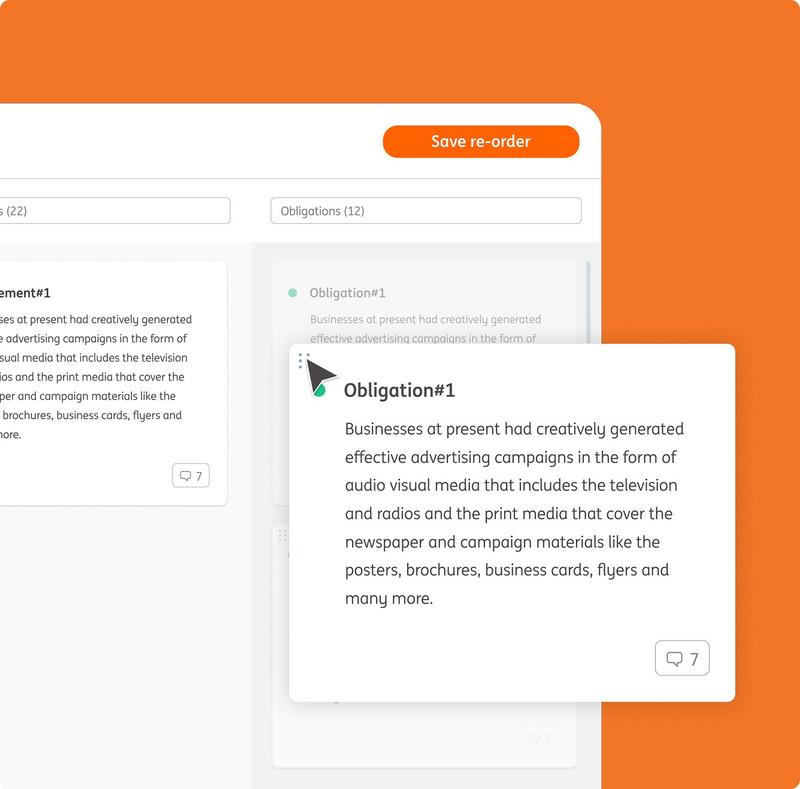 Drag-and-drop obligation card being reordered in a two-column contract review interface with a "Save re-order" button