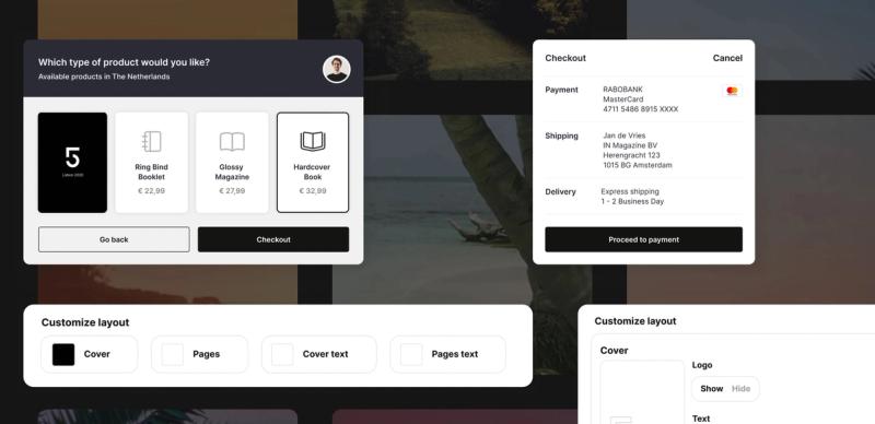 Product selection, checkout summary, and layout customization panels for designing and ordering a printed photo book