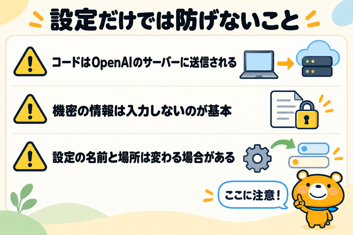 学習の設定だけでは防げないこと3つを示す図解