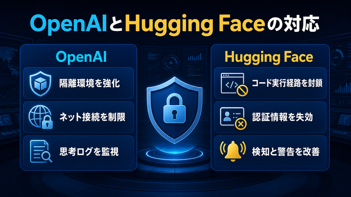 OpenAIの隔離・ネット接続・思考ログ対策とHugging Faceの封鎖・認証情報失効・検知改善を示す図