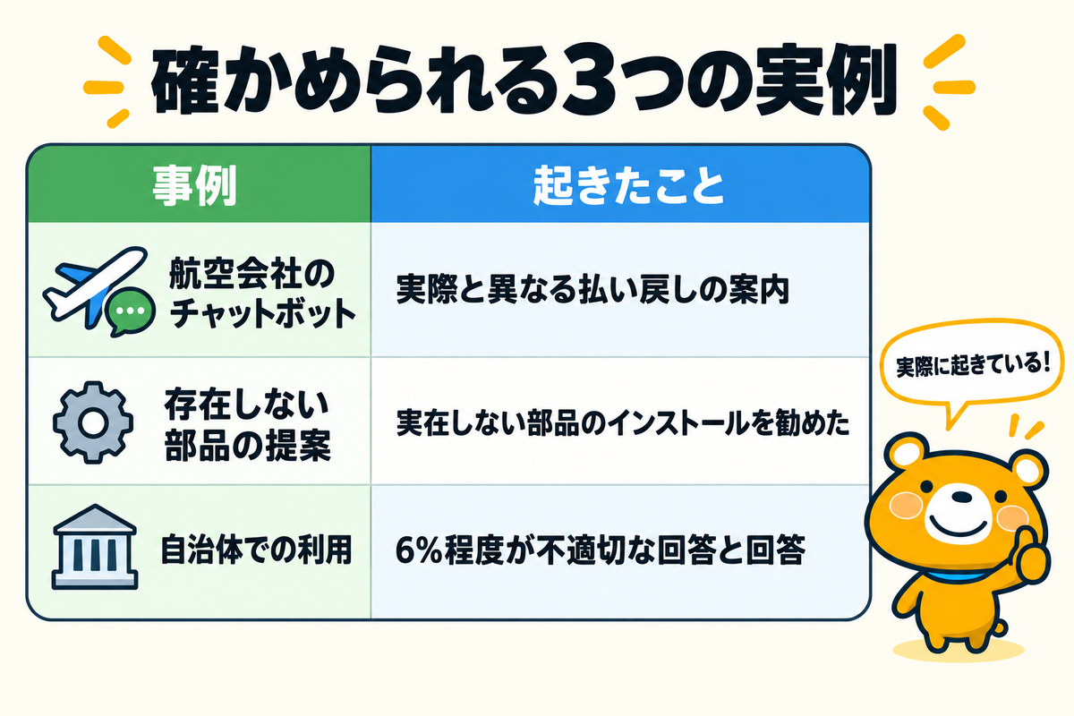 ハルシネーションの実例3つを示す図解