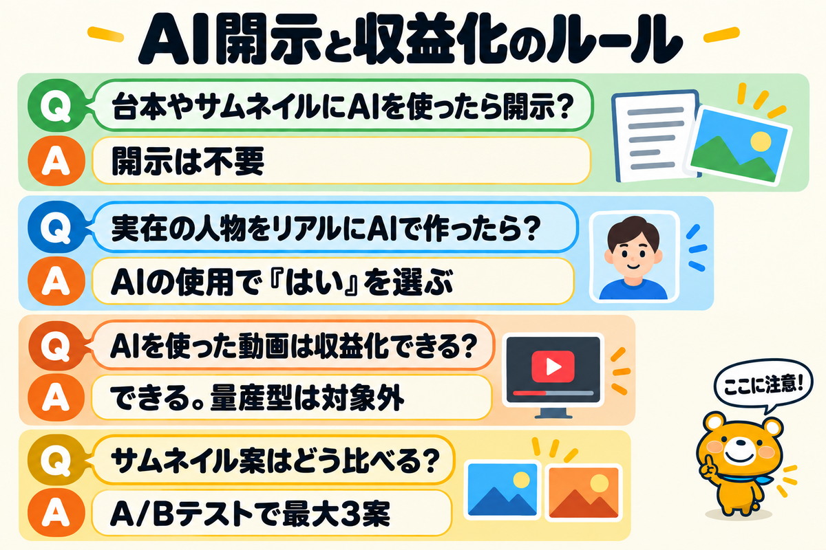 YouTubeのAI開示と収益化のルールを整理した図解
