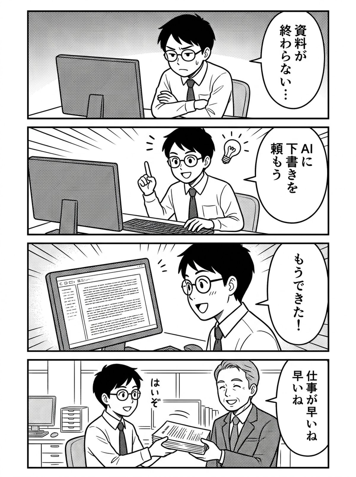 Nano Banana 2.1が作った会社員がAIに下書きを頼む4コマ漫画