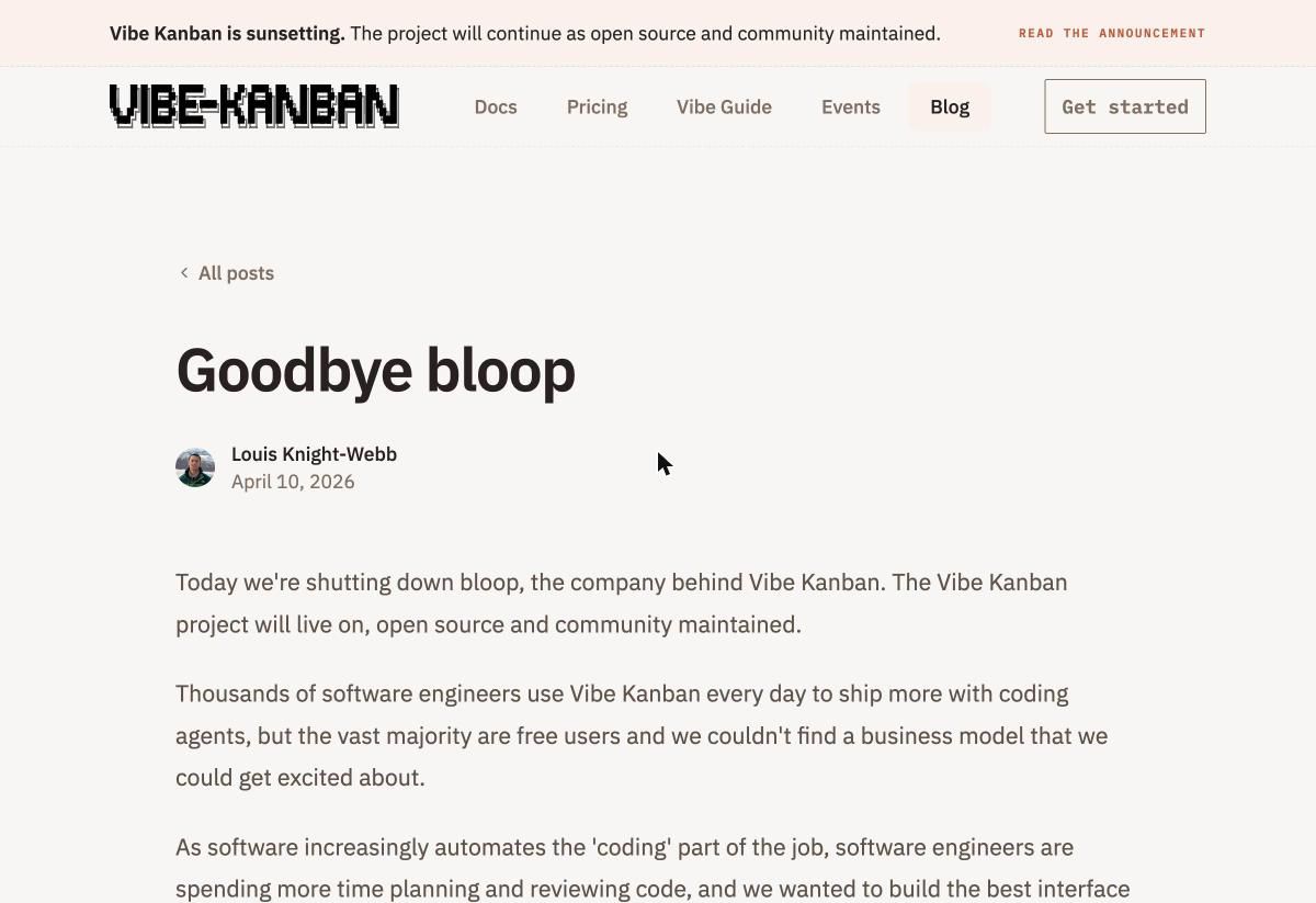 Vibe Kanbanの開発元が会社を閉じると告知したブログ記事