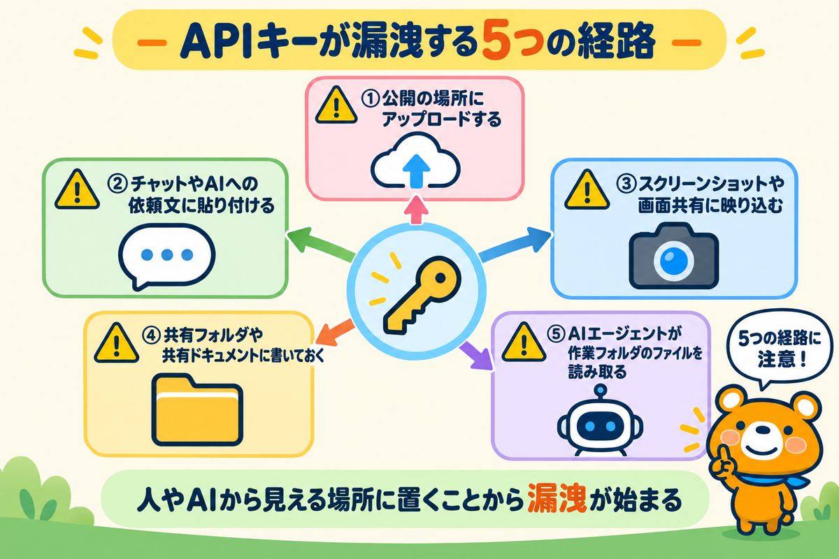 APIキーが漏洩する5つの経路を示す図解