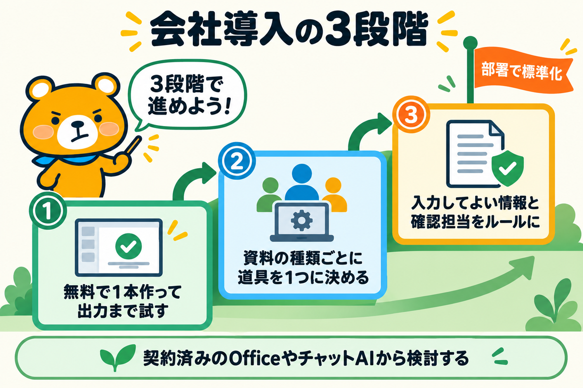 会社で導入するときの3段階を示す図解
