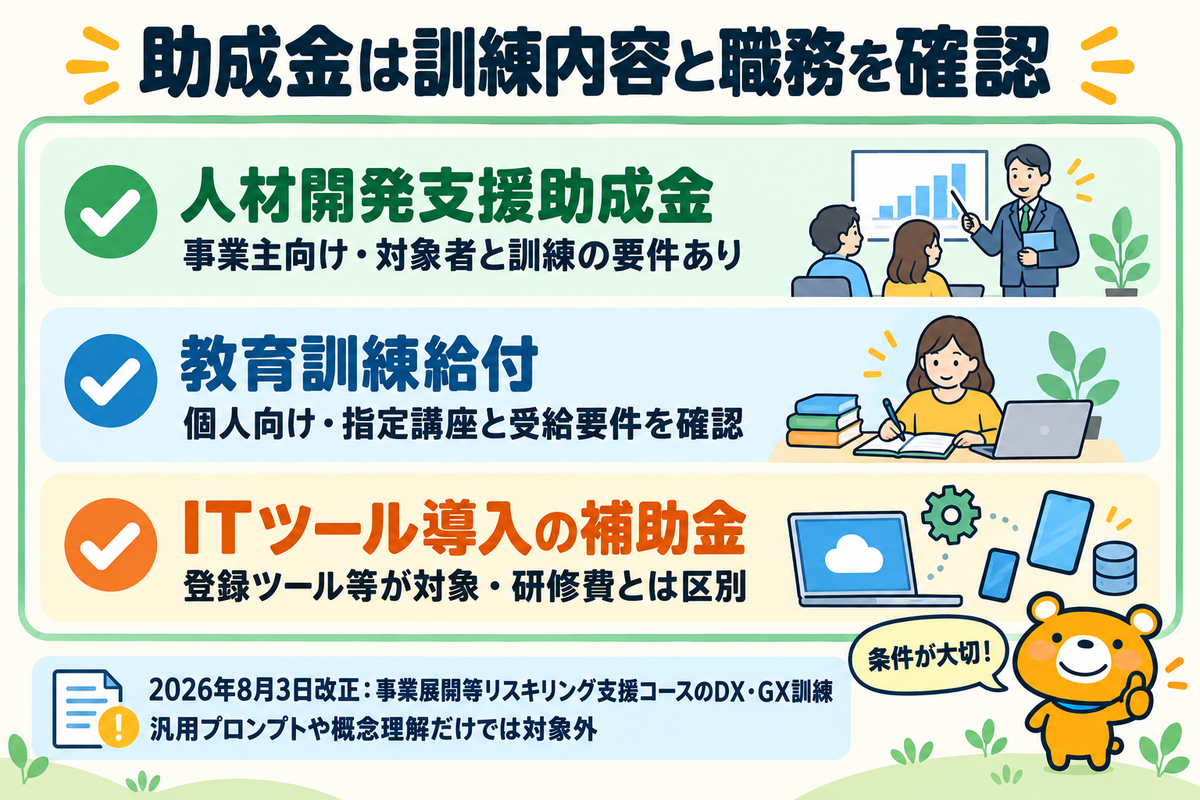 助成金と補助金の対象条件を確認する図解