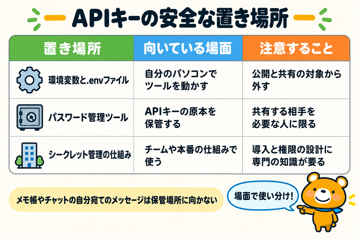 APIキーの3つの置き場所の使い分けを示す図解
