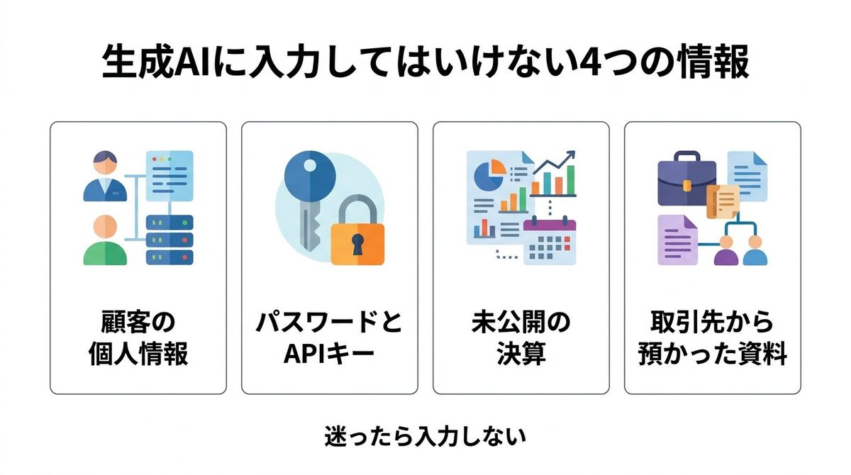 Nano Banana 2が作った生成AIに入力してはいけない4つの情報の図解