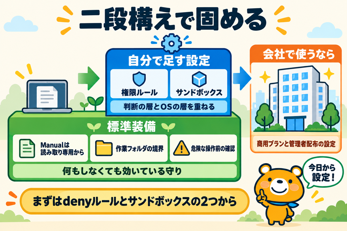 標準の保護と自分で足す設定の二段構えをまとめた図解