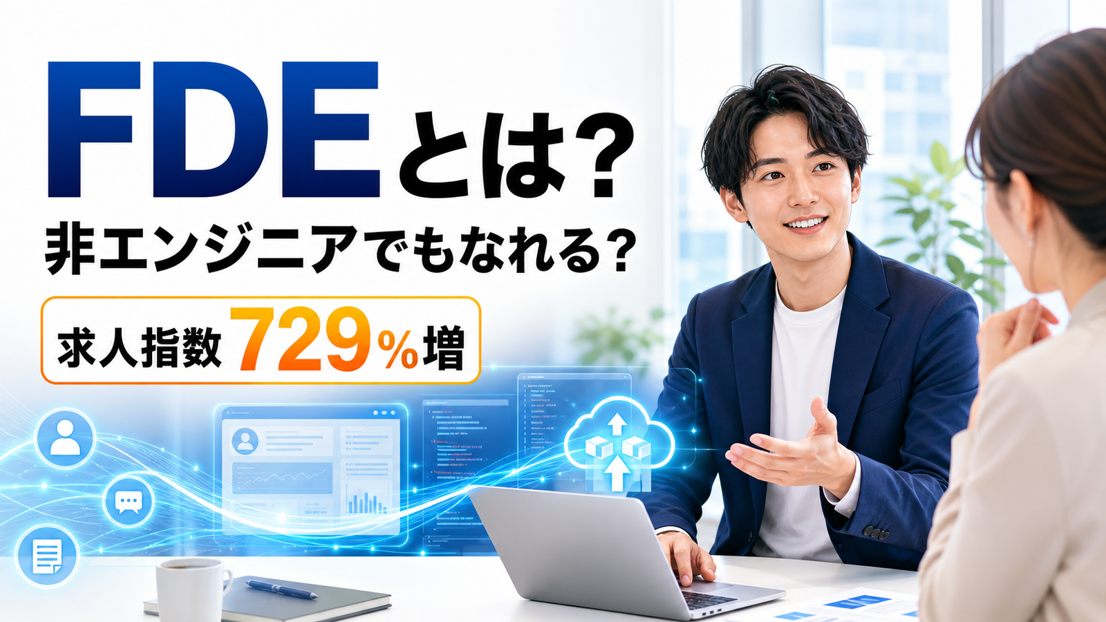 FDEとは何か、非エンジニアでもなれるか、求人指数729%増という論点を示すアイキャッチ