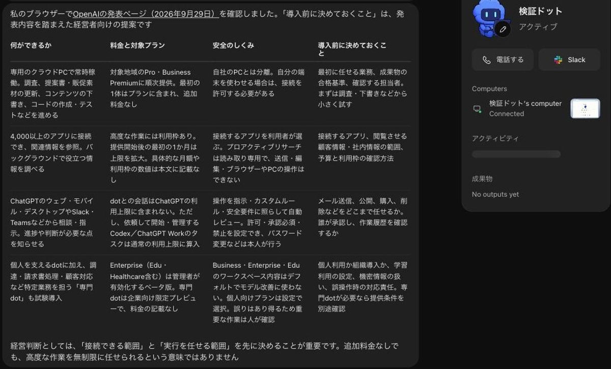 dotが作成した経営者向けの要点の表とdotのプロフィール
