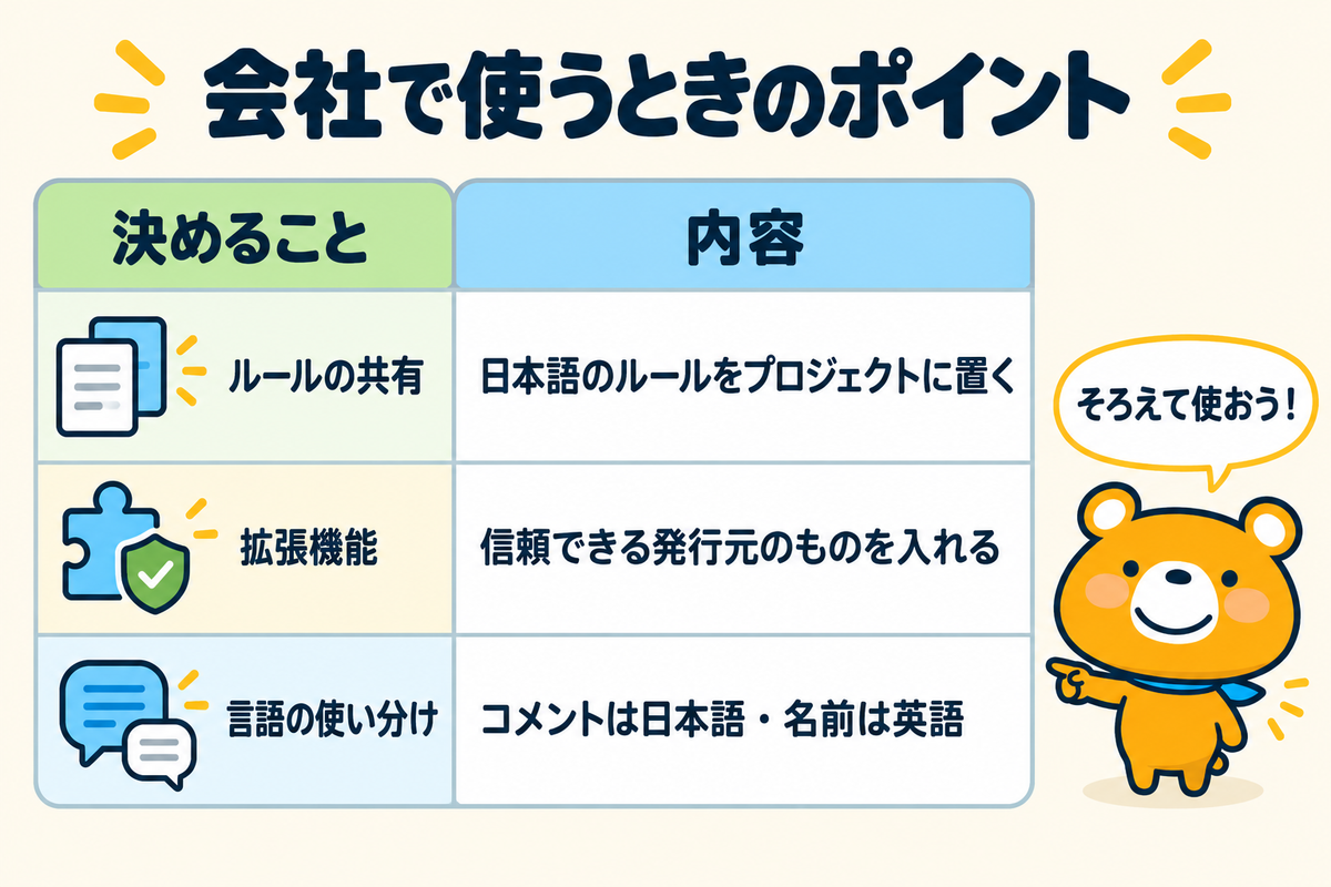 会社でCursorを日本語で使うときのポイント3つを示す図解