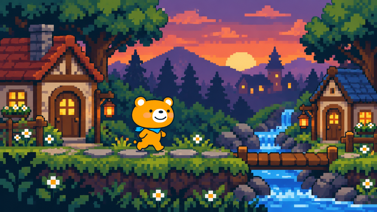村と川の夕景にキャラクターを置いたゲーム画面。24色指定とドット表現には未達があった生成結果