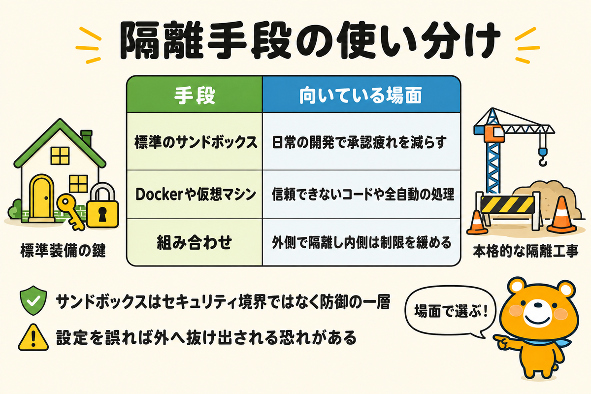 サンドボックスとDockerや仮想マシンの使い分けを示す図解