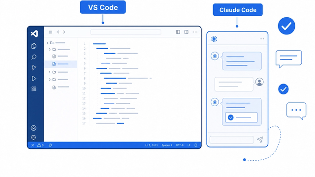 VS Codeの画面の中でClaude Codeが動くことを表すイラスト