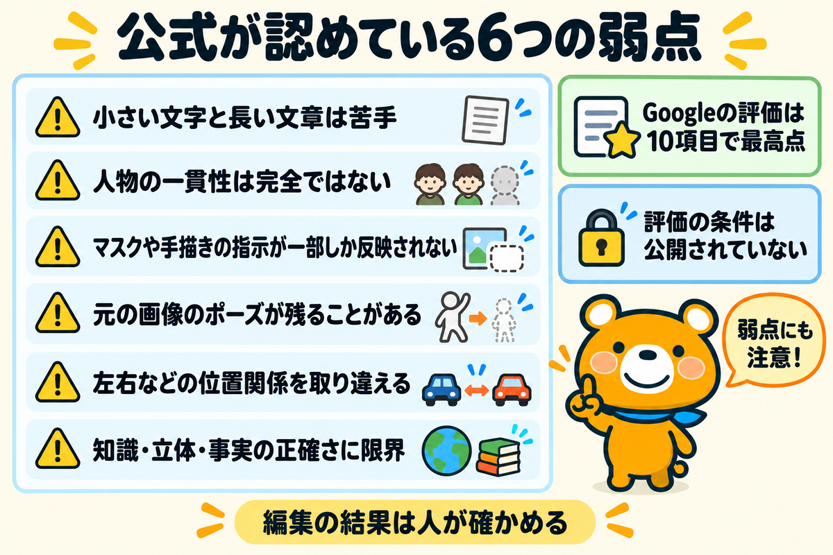 Nano Banana 2.1について公式が認めている6つの弱点を並べた注意の図解
