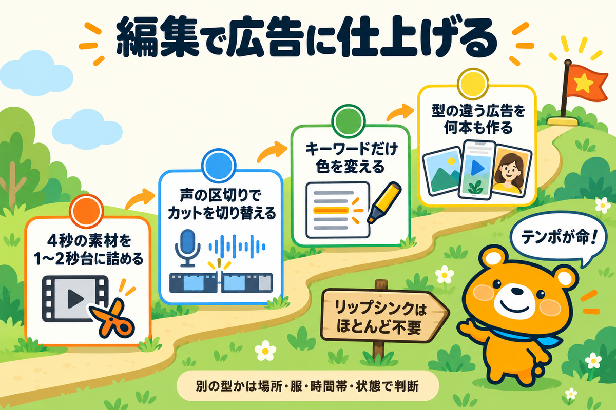 カット編集とテロップでショート動画広告に仕上げる手順の図解