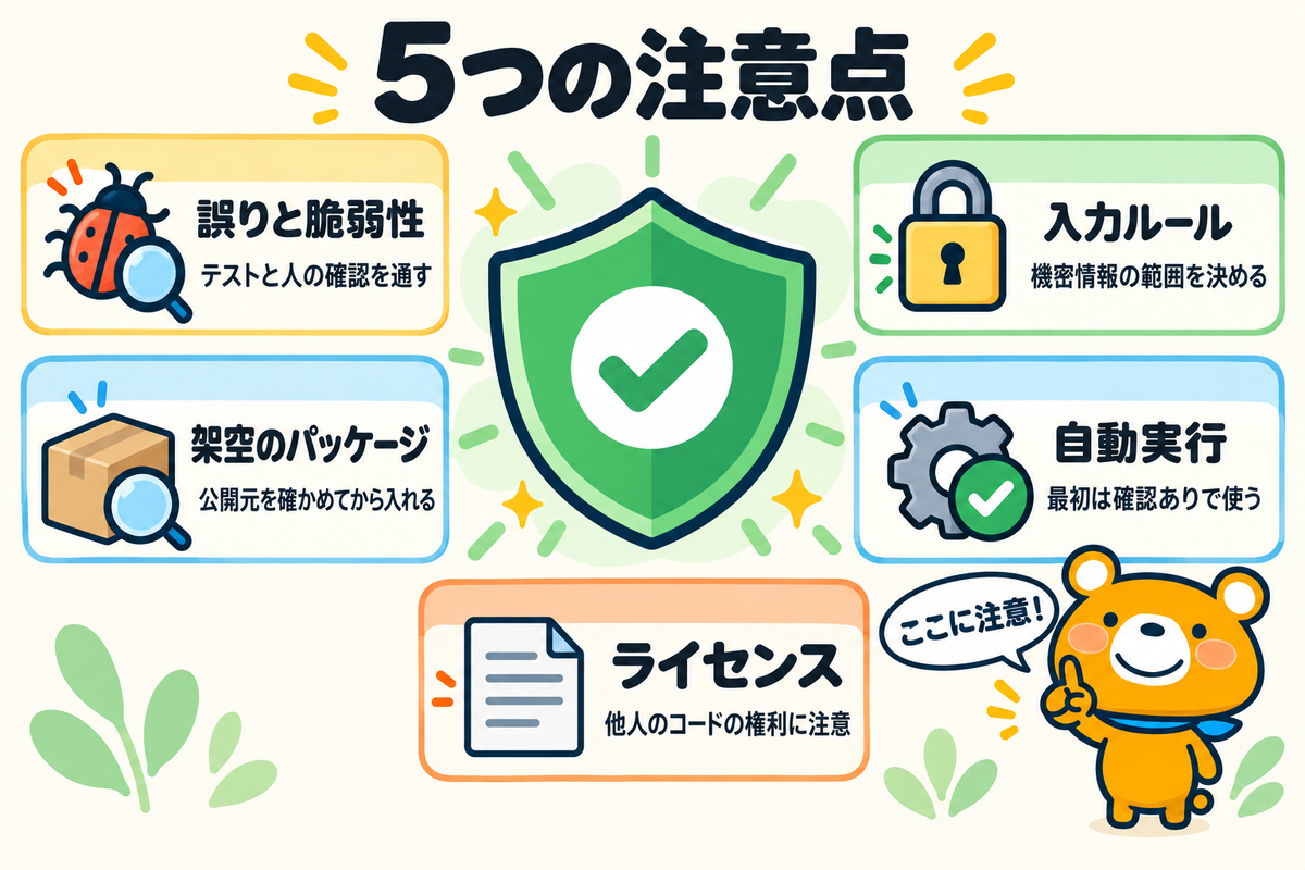 AIプログラミングの注意点5つを示す図解