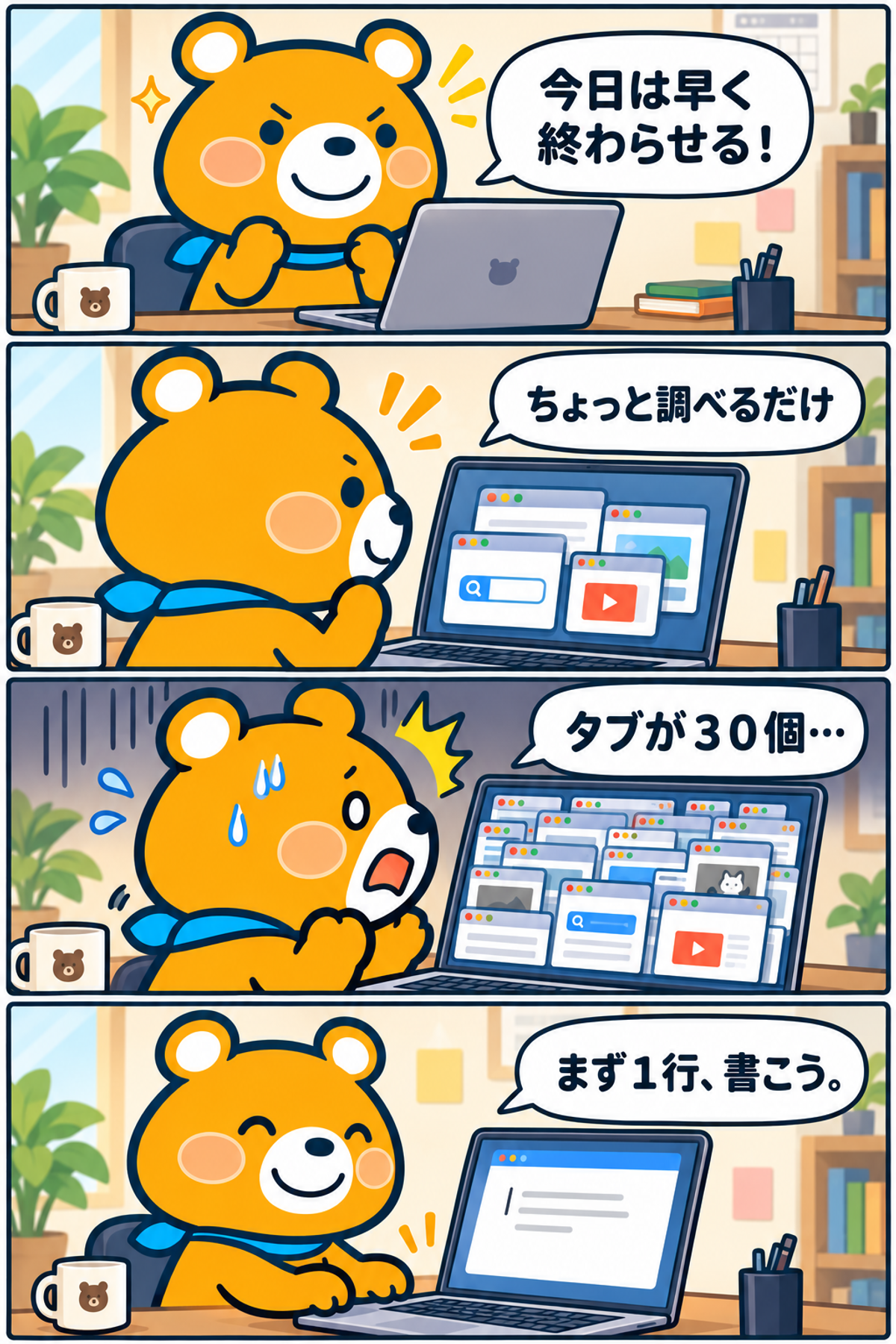 仕事中の調べ物でタブを増やしてしまうキャラクターの日本語4コマ漫画