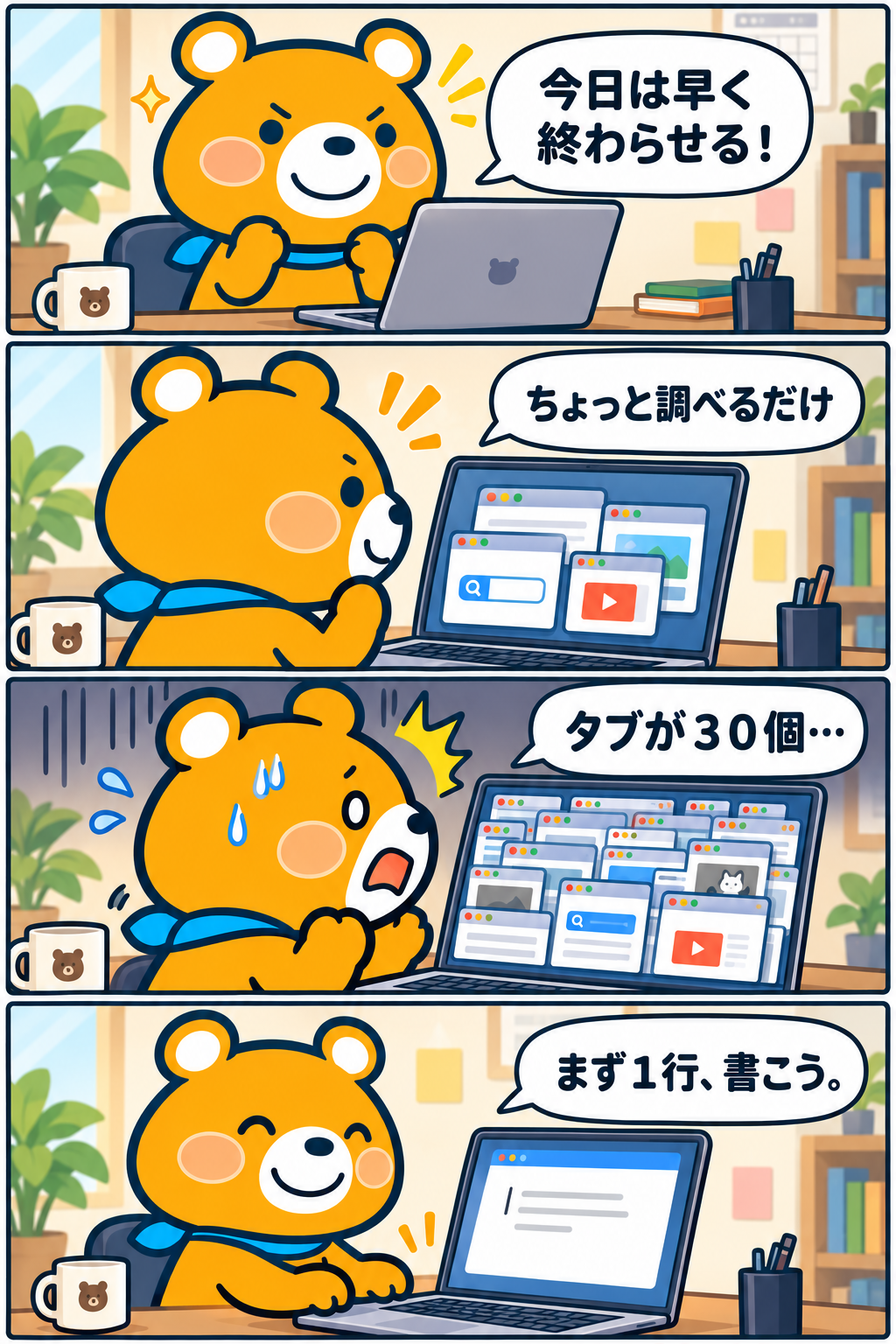 仕事中の調べ物でタブを増やしてしまうキャラクターの日本語4コマ漫画