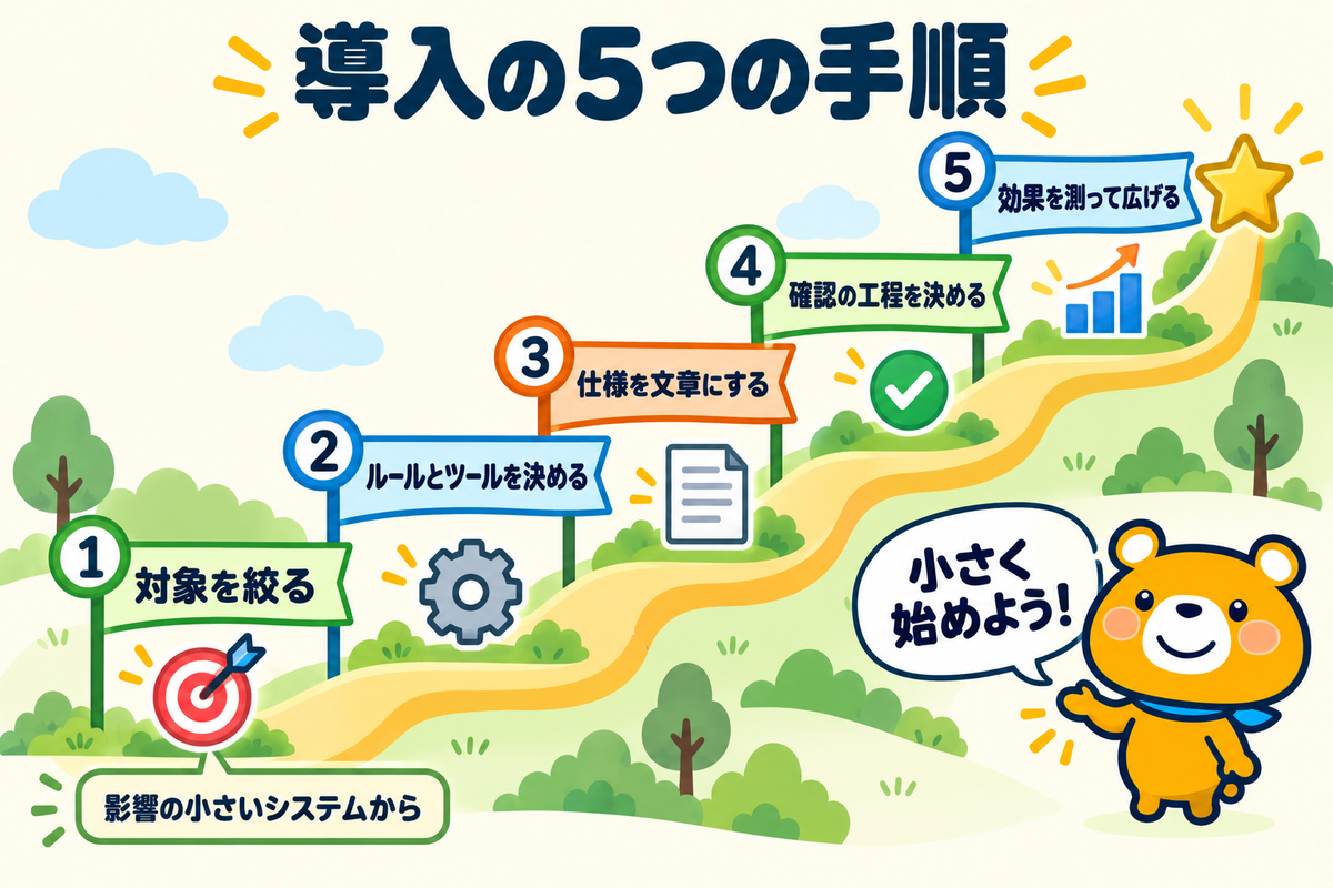 AI駆動開発の導入の5つの手順を示す図解