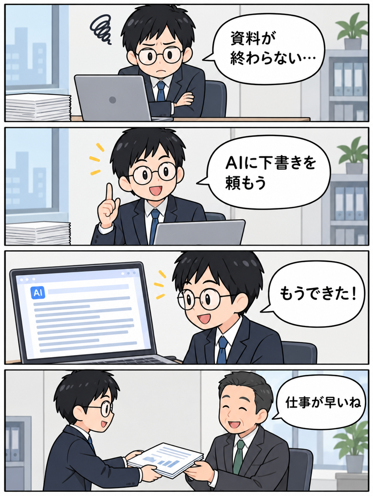 GPT Image 2.5が作った会社員がAIに下書きを頼む4コマ漫画