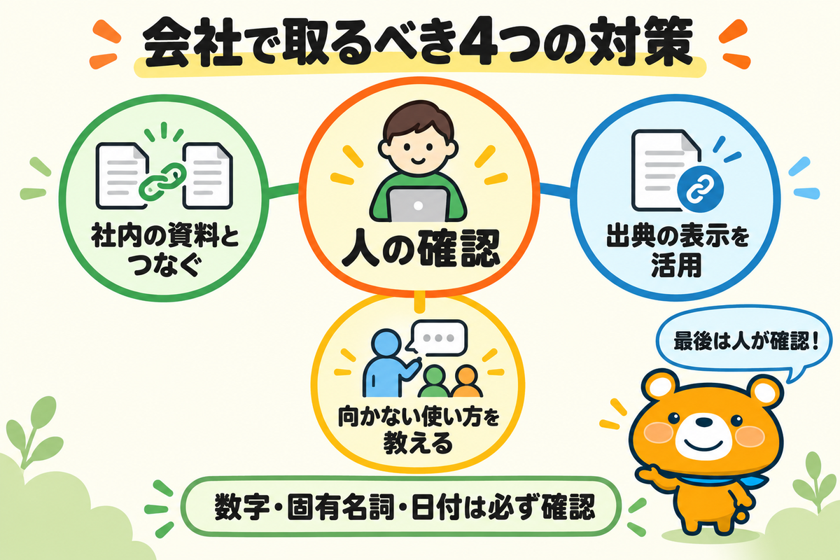 会社で取るべきハルシネーション対策4つを示す図解
