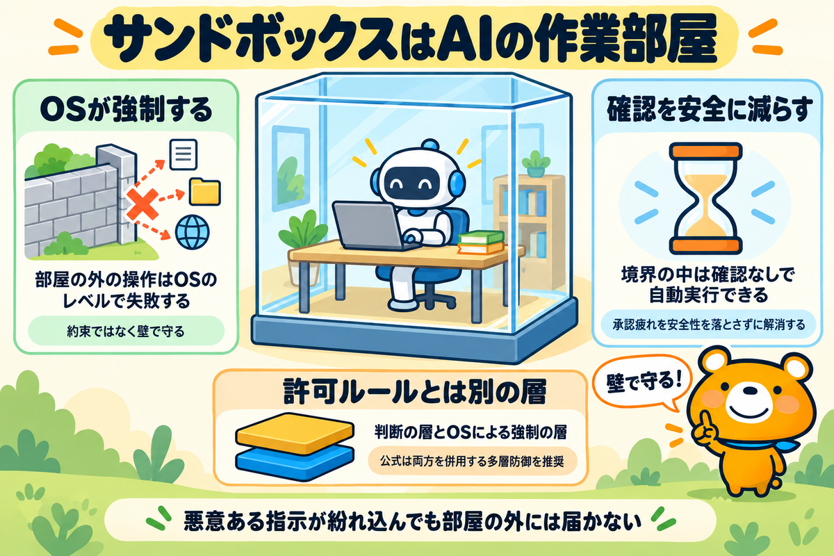サンドボックスの正体と許可ルールとの役割分担を示す図解