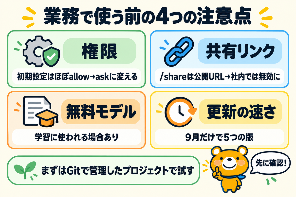 OpenCodeを業務で使う前の注意点を整理した図解