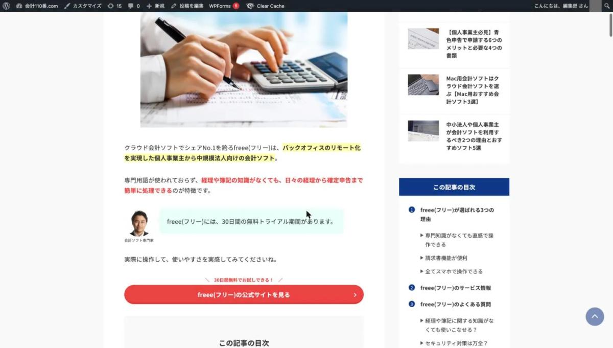 元のWordPressの記事の本文。黄色のマーカー・赤字・専門家アイコン付きの吹き出し・赤いボタンが使われている