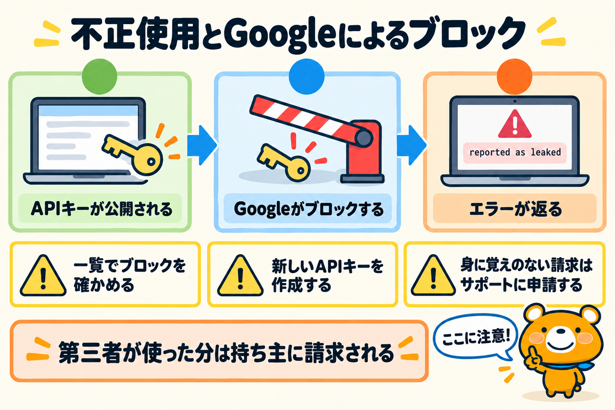 Gemini APIキーの不正使用とGoogleによるブロックを示す図解