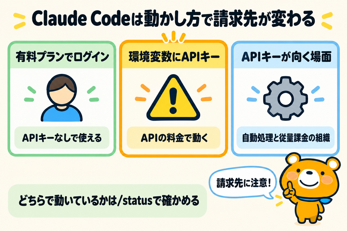 Claude CodeをAPIキーで使う場合と有料プランで使う場合の違いを示す図解