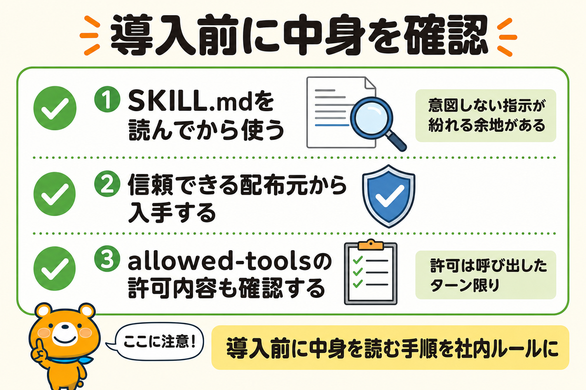 スキル導入時の安全確認を示す図解