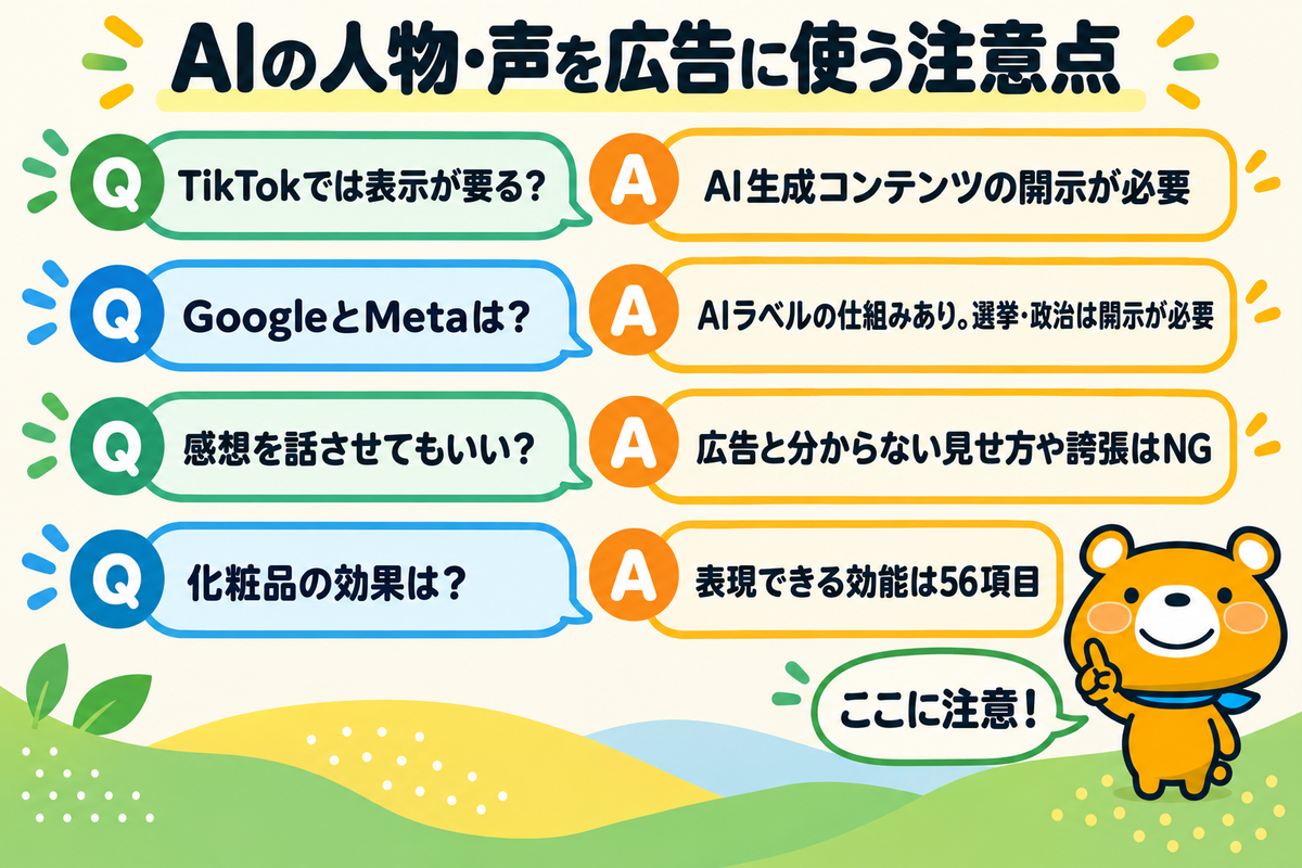 AI生成の人物・音声を広告に使うときの注意点の図解