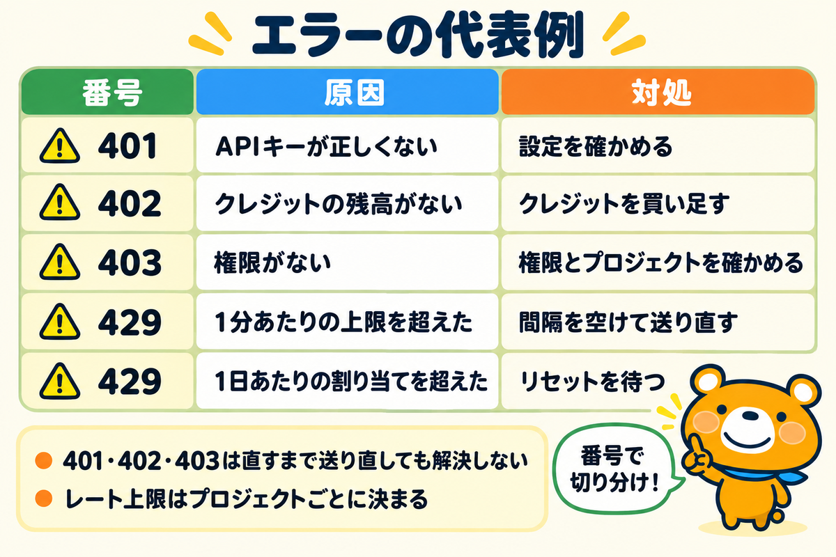 Gemini APIキーで起こる代表的なエラーを示す図解
