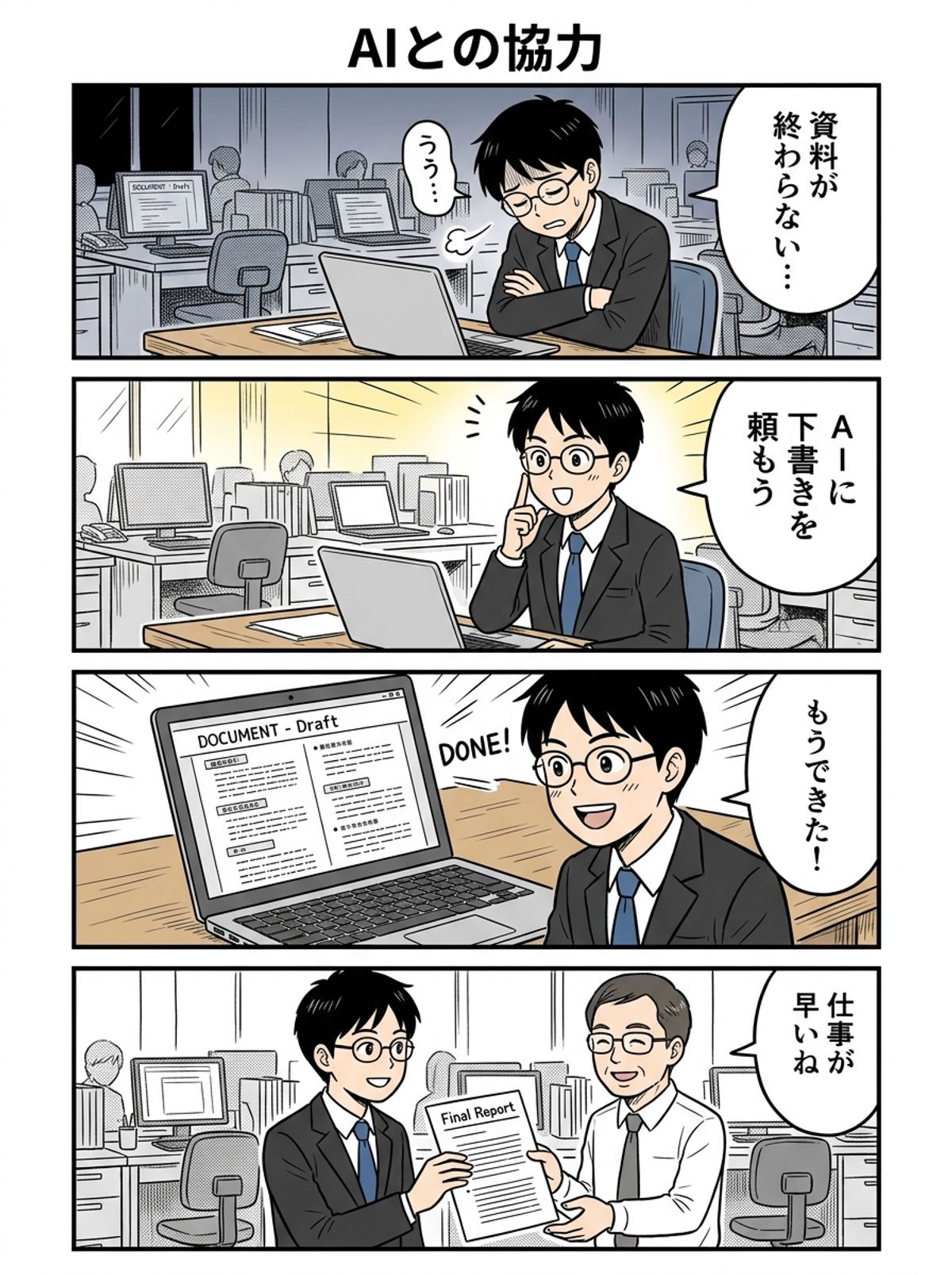 Nano Banana 2が作った会社員がAIに下書きを頼む4コマ漫画