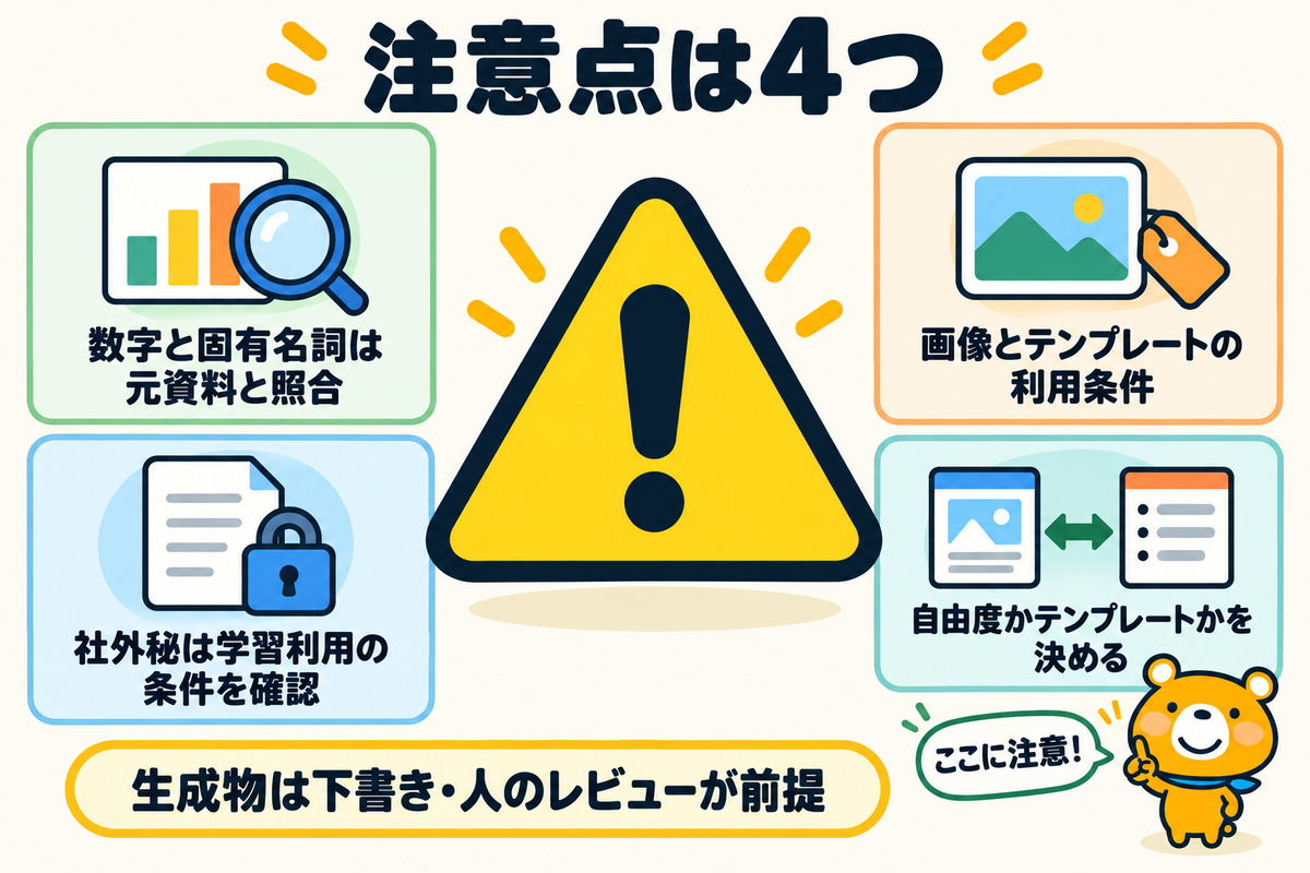 資料作成AIの注意点4つを示す図解