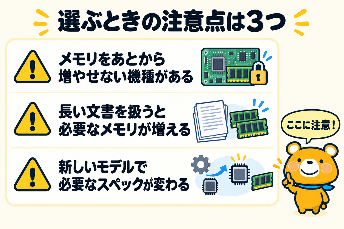 ローカルLLMのスペックを選ぶときの注意点3つを示す図解