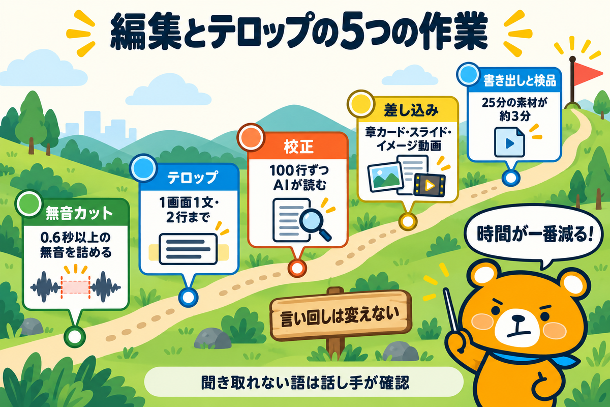AIで動画を編集してテロップを入れる5つの作業を整理した図解