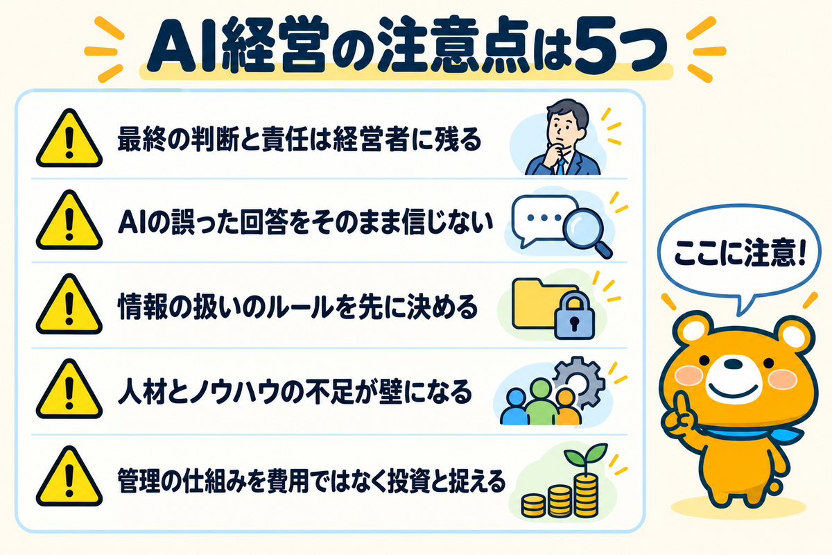 AI経営の注意点5つを示す図解
