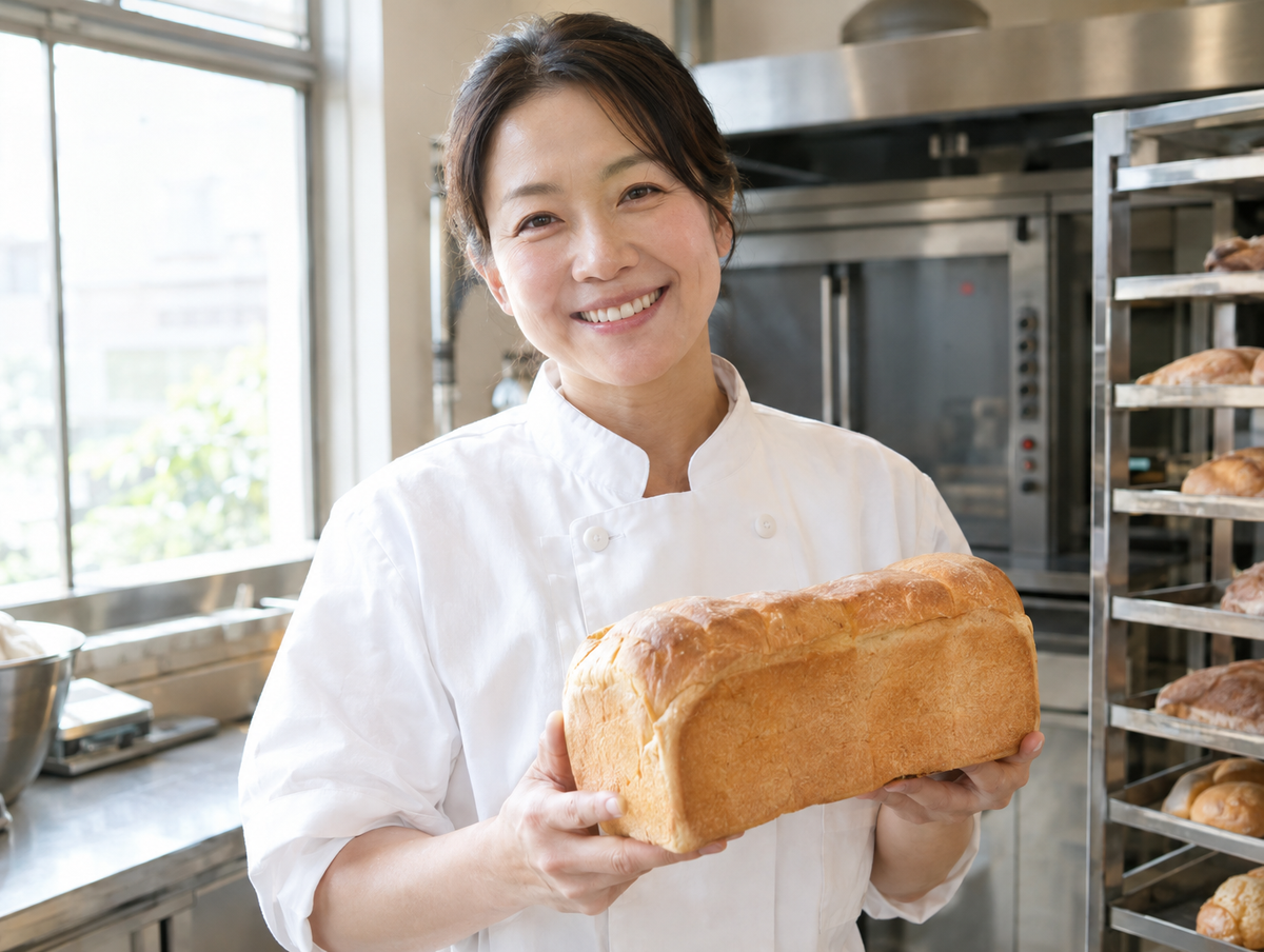 GPT Image 2.5が作ったパン屋の厨房で食パンを持つ女性のパン職人の画像