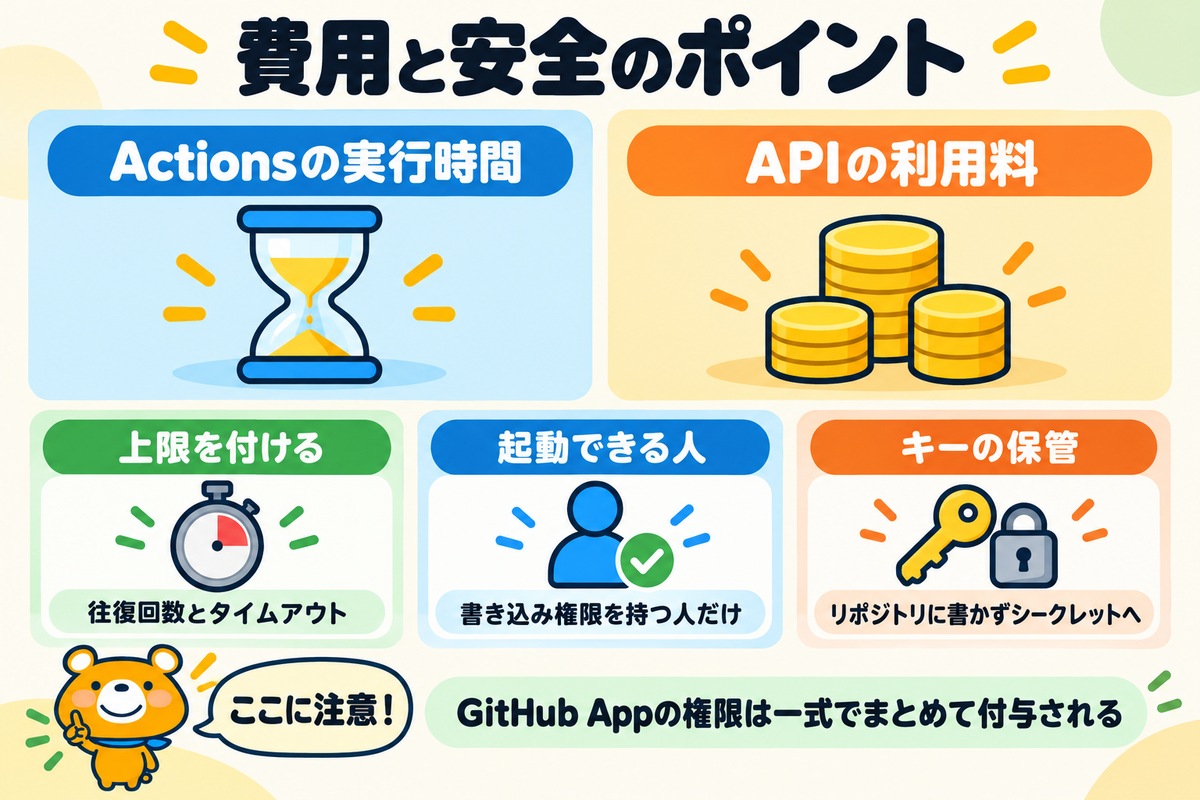 GitHub Actionsの費用と安全の注意点を示す図解