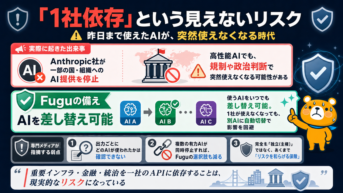AIモデルの1社依存リスクとFuguの備えを説明するスライド