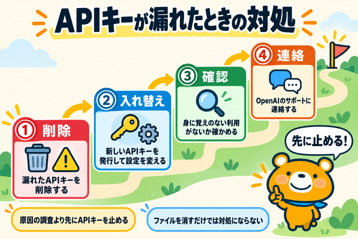 OpenAIのAPIキーが漏れたときの対処の順番を示す図解