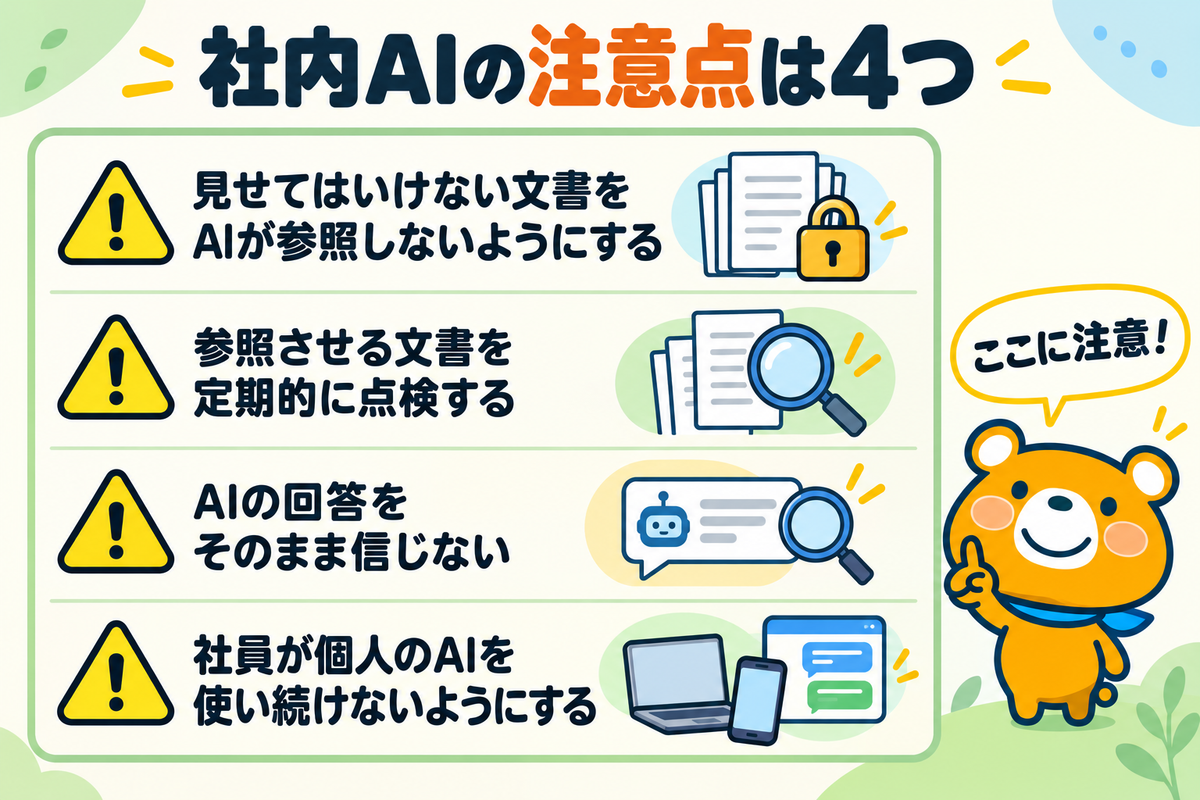 社内AIの注意点4つを示す図解