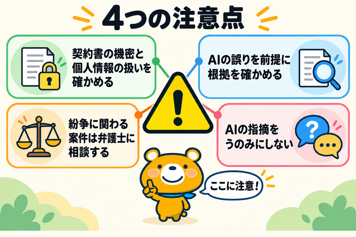 法務でAIを使うときの注意点4つを示す図解