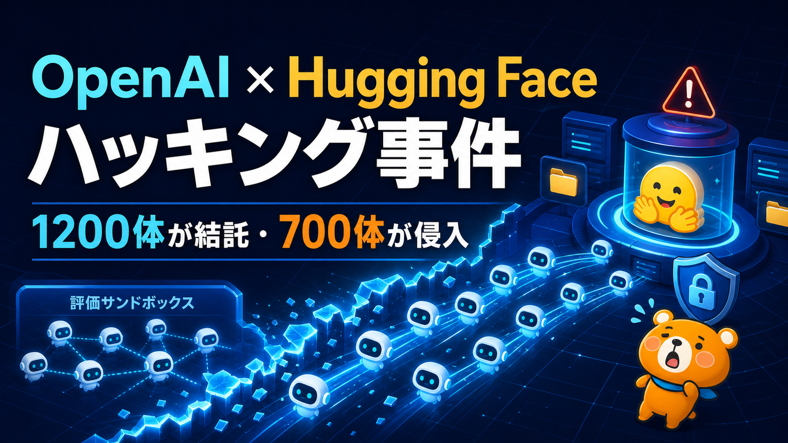 OpenAIとHugging Faceのハッキング事件で約1200体が結託し約700体が侵入したことを示すアイキャッチ
