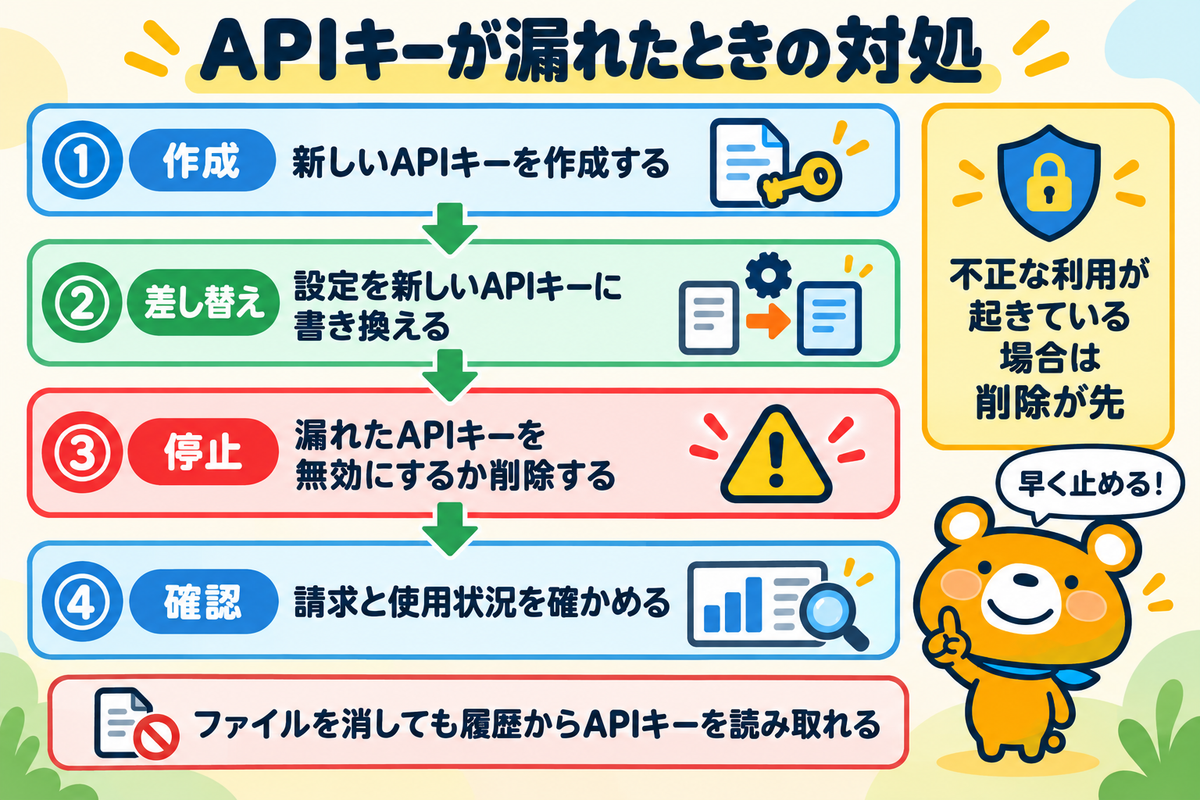 Gemini APIキーが漏れたときの対処の順番を示す図解